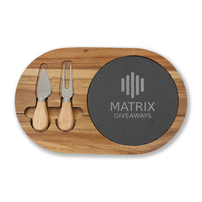 Engraved Acacia Charcuterie Board with Slate Inlay & Cheese Knives